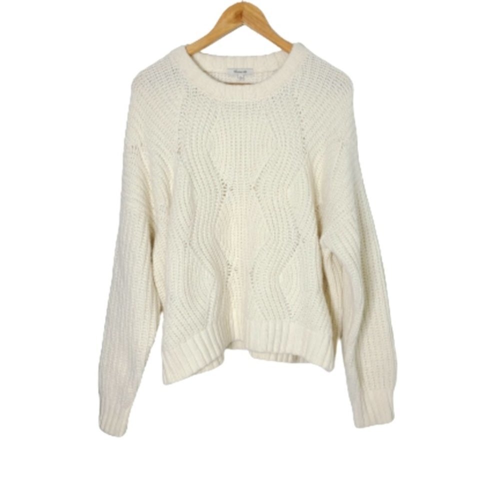 MADEWELL Charley Cream Cable Knit Sweater Womens Pointelle Wool Pullover Size XL - Picture 3 of 15